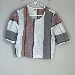 Eve Gravel Women Cropped Blouse Purple Linen Short Sleeve Sz Medium